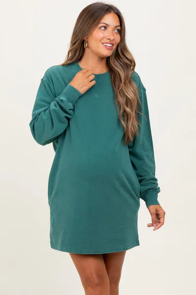 PinkBlush Forest Green Mint Mineral Wash Oversized Maternity Sweatshirt Mini Dress