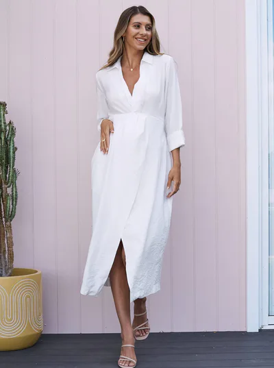 Angel Maternity Camille Maternity V Neck Dress in White