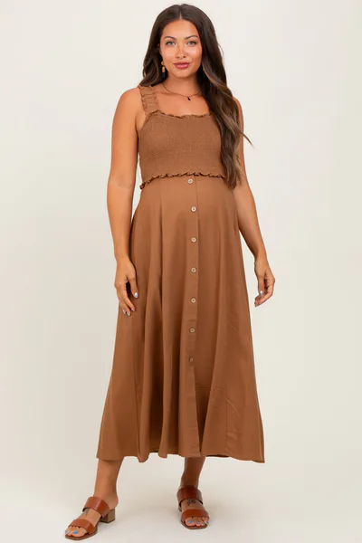 PinkBlush Camel Smocked Sleeveless Button Down Maternity Midi Dress