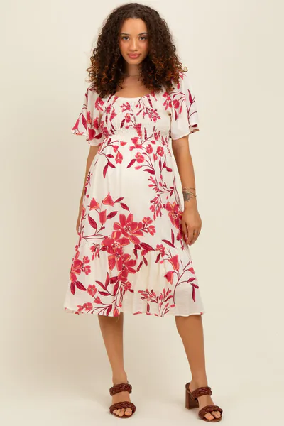 PinkBlush Fuchsia Floral Smocked Flutter Sleeve Maternity Midi Dress