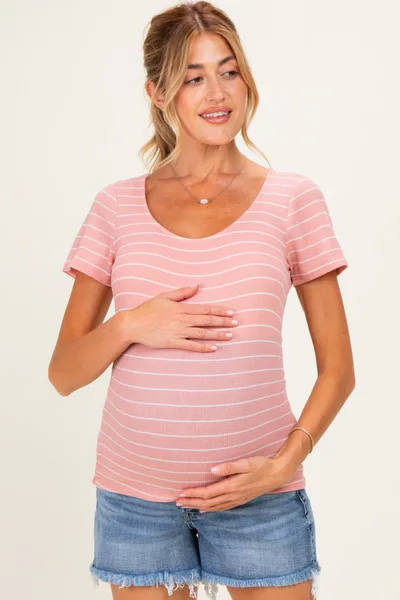 PinkBlush Pink Stripe Ruching Short Sleeve Maternity Top