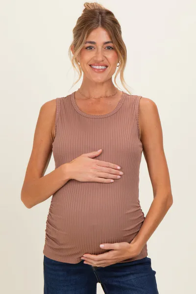 PinkBlush Mocha Ribbed Sleeveless Ruched Maternity Top