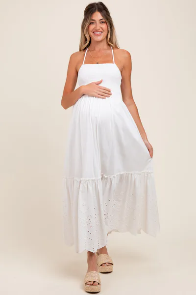 PinkBlush White Smocked Open Back Lace Hem Maternity Maxi Dress