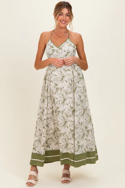 PinkBlush Olive Palm Printed Cutout Tie Back Maternity Maxi Dress