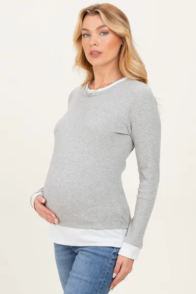 PinkBlush Heather Grey Ribbed Long Sleeve Double Layer Maternity Top
