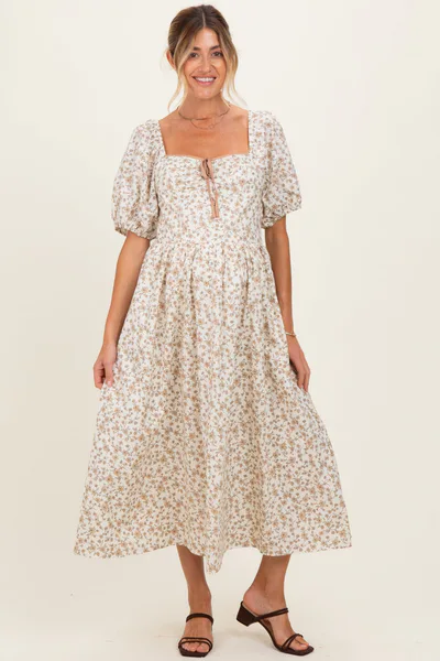 PinkBlush Cream Floral Puff Sleeve Maternity Midi Dress