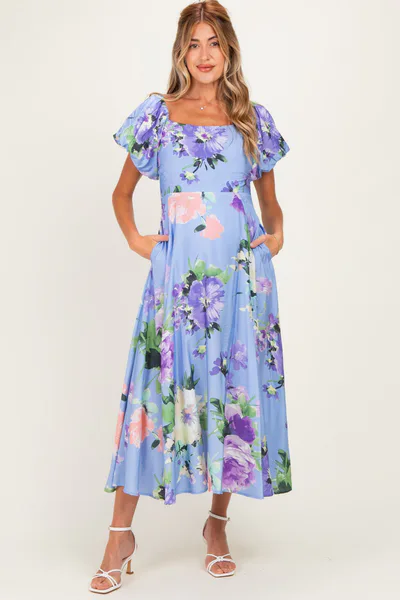 PinkBlush Periwinkle Floral Off Shoulder Balloon Sleeve Maternity Midi Dress