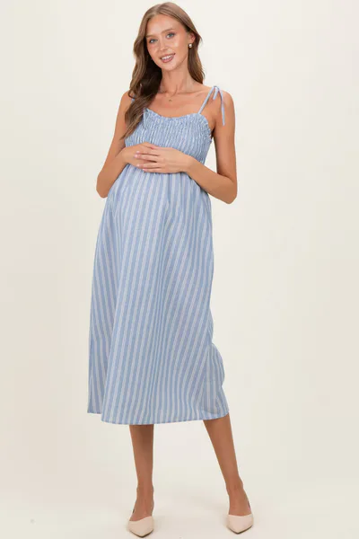 PinkBlush Blue Striped Smocked Shoulder Tie Maternity Midi Dress