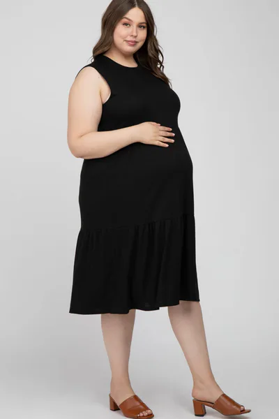 PinkBlush Black Ribbed Sleeveless Plus Maternity Midi Dress