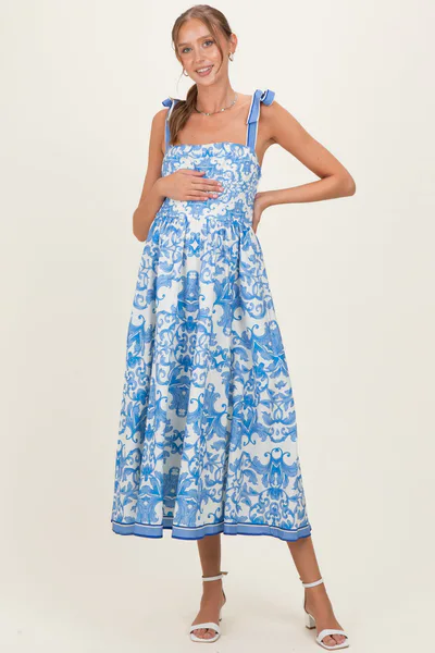 PinkBlush Blue Damask Shoulder Tie Maternity Midi Dress
