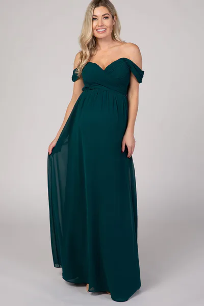 PinkBlush PinkBlush Forest Green Off Shoulder Chiffon Maxi Maternity Dress