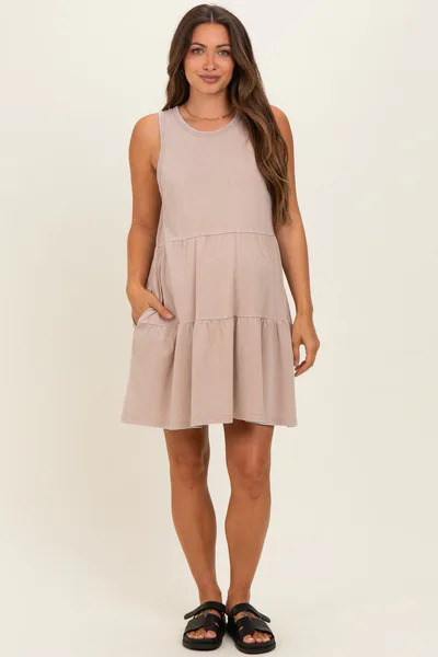 PinkBlush Dark Taupe Sleeveless Crewneck Tiered Maternity Mini Dress
