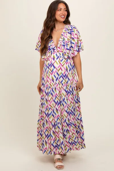 PinkBlush Multicolor Printed Deep V-Neck Tiered Maternity Maxi Dress