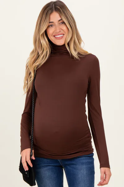 PinkBlush Brown Brushed Knit Basic Turtleneck Maternity Top