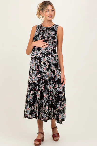 PinkBlush Black Floral Print Smocked Top Sleeveless Tiered Maternity Maxi Dress
