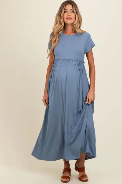 PinkBlush Blue Ruffle Trim Maternity Maxi Dress