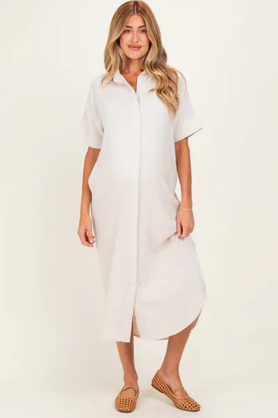 PinkBlush Natural Button Down Maternity Midi Shirt Dress