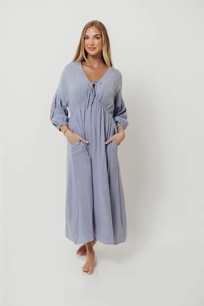 Worth Collective Hunter 100% Cotton Midi Dress in Blue - Bump Friendly