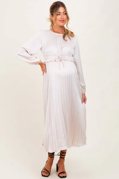 PinkBlush Cream Pleated Empire Waist Maternity Midi Dress
