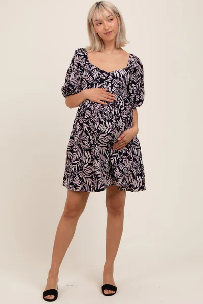 PinkBlush Navy Floral Puff Sleeve Maternity Dress