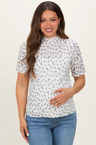 PinkBlush Ivory Floral Ruffle Trim Short Sleeve Maternity Top