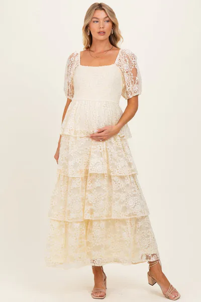PinkBlush Butter Cream Lace Tiered Smocked Maternity Midi Dress