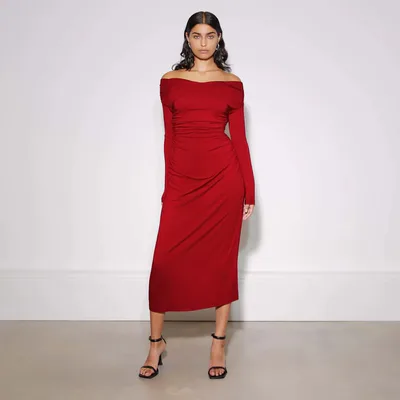 For The Creators Red Ruched Off-Shoulder Dress