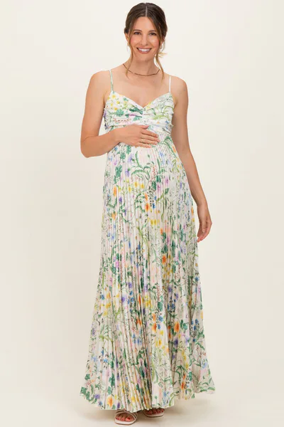 PinkBlush Ivory Floral Pleated Sleeveless Maternity Maxi Dress