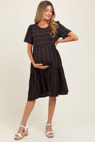 PinkBlush Black Floral Striped Tiered Short Sleeve Maternity Dress