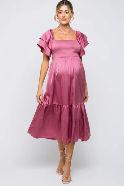 PinkBlush Mauve Satin Flutter Sleeve Maternity Midi Dress