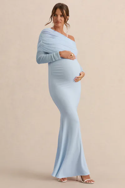 Club L London Ianthe | Light Blue Asymmetric-Neck Maternity Maxi Dress With Mesh Long Sleeves