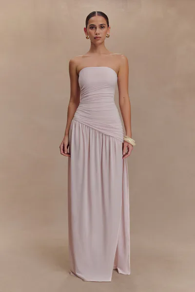 MESHKI Bex Strapless Slinky Maxi Dress With Split - Pale Pink