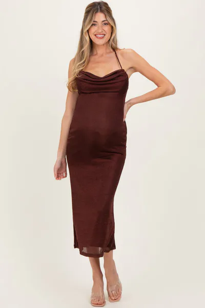 PinkBlush Burgundy Satin Halter Maternity Midi Dress