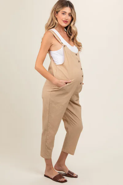 PinkBlush Taupe Button Down Maternity Cropped Jumpsuit
