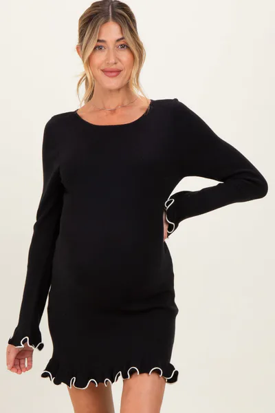 PinkBlush Black Long Sleeve Lettuce Trim Maternity Mini Dress