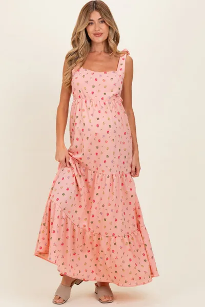 PinkBlush Blush Floral Tiered Shoulder Tie Maternity Maxi Dress