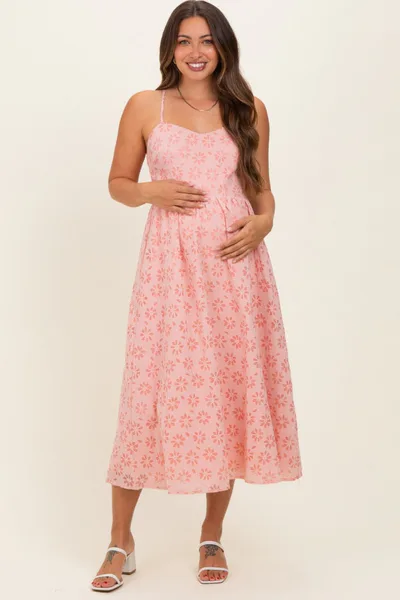 PinkBlush Strawberry Floral Gingham Maternity Midi Dress