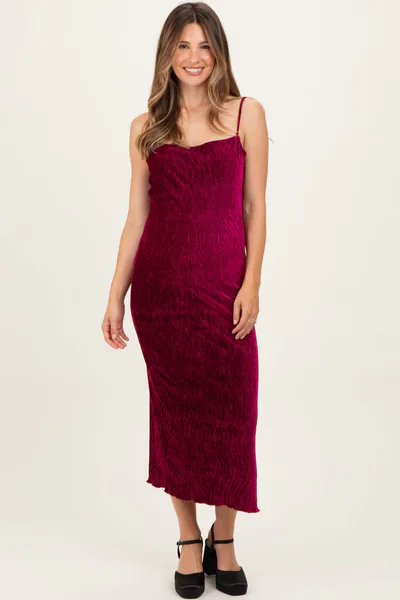 PinkBlush Burgundy Velvet Sleeveless Side Slit Maternity Midi Dress