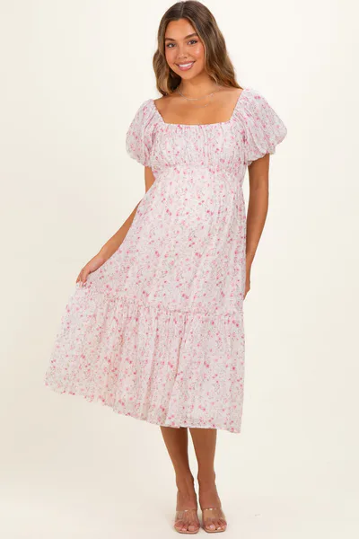 PinkBlush Pink Floral Puff Sleeve Maternity Midi Dress