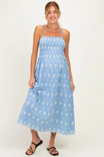 PinkBlush Blue Embroidered Smocked Maternity Maxi Dress