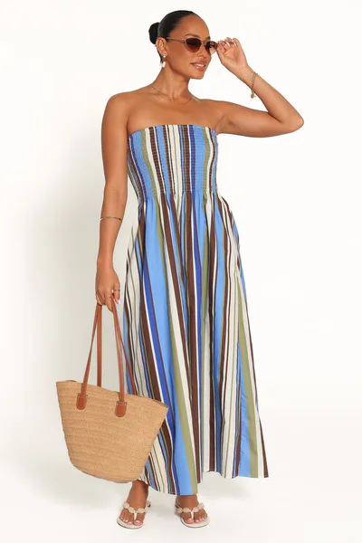 Petal & Pup Nella Strapless Maxi Dress - Blue/Khaki Stripe