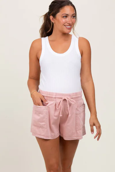 PinkBlush Light Pink Chambray Drawstring Front Pocket Maternity Shorts