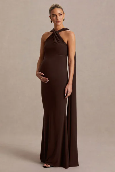 Club L London Lyra | Brown Cross Halter-Neck Maternity Maxi Dress With Cape