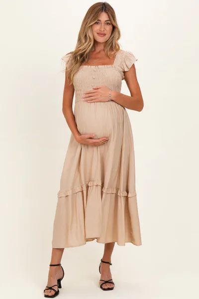 PinkBlush Khaki Button Accent Smocked Ruffle Maternity Midi Dress