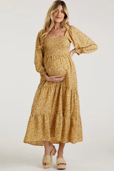 PinkBlush Yellow Floral Smocked Long Sleeve Maternity Maxi Dress