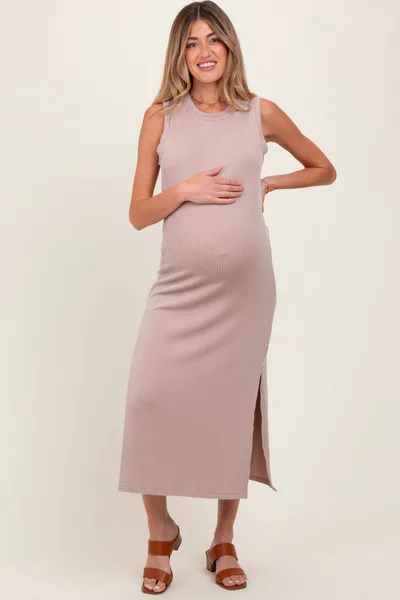 PinkBlush Light Taupe Ribbed Sleeveless Side Slit Maternity Midi Dress