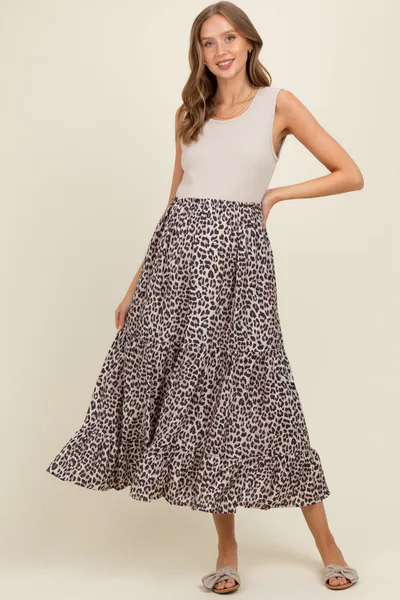 PinkBlush Taupe/Animal Print Mixed Maternity Maxi Dress