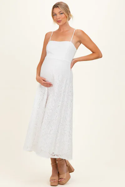 PinkBlush Off White Lace Sleeveless Maternity Midi Dress