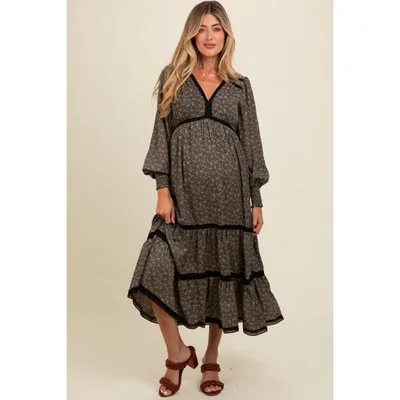 Target Pinkblush Black Floral Lace Trim Bubble Sleeve Maternity Maxi Dress Small