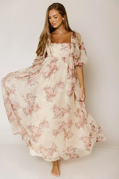 Worth Collective Mona Floral Maxi Dress in Beige Rose - Bump Friendly & Inclusive Sizing *9/22 PRE-ORDER*